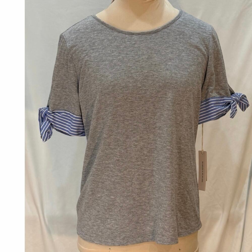 NWT Court & Rowe Gray Knit Top Small Stripe Tie Sleeve Detail Preppy Classic